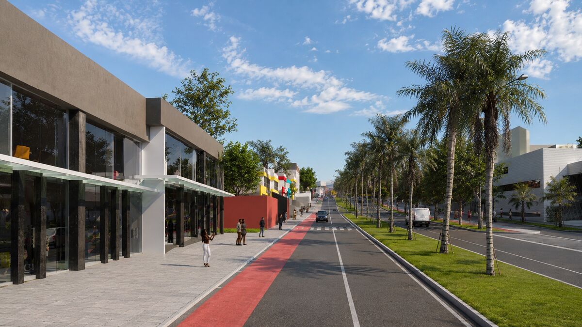 Avenida do bairro com ciclovia, prédios comerciais e palmeiras
