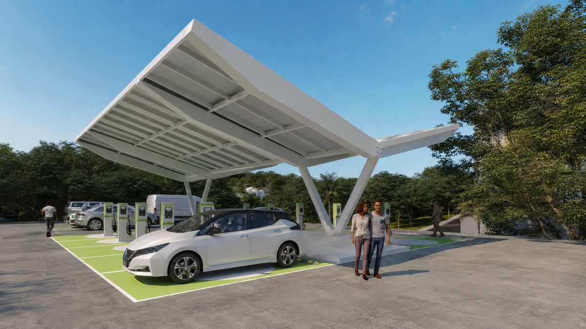 Estação de recarga de veículos elétricos com cobertura de painéis solares